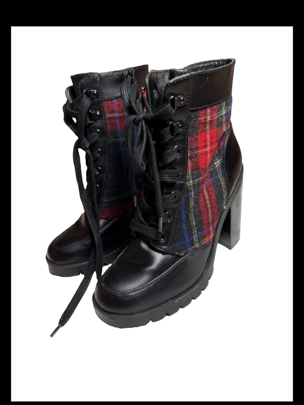 Women’s Black Leather & Red Plaid Lace-Up Chunky Heel Boots